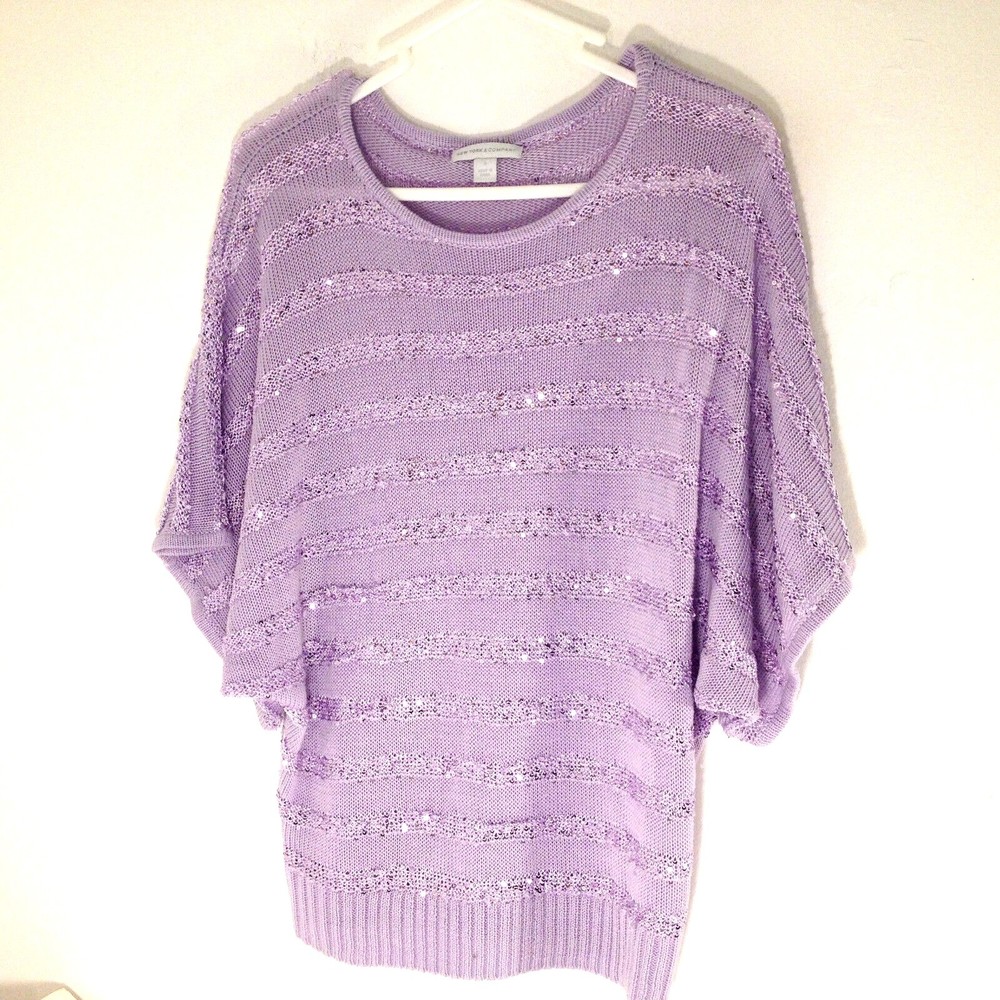 New York & Co. Sweater Top Lavender Striped w/ Sequin Butterfly Sleeve Womens S